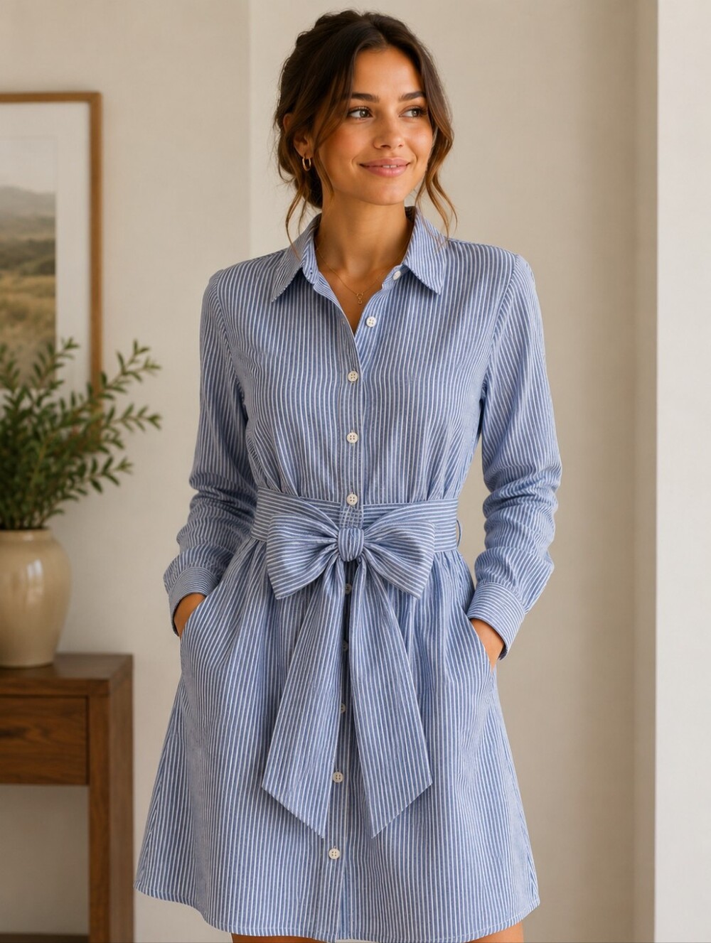Mo:vint New York Button-Front Blue Stripe Shirt Dress with Waist Tie
